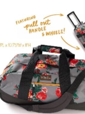 Matilda Jane Gray Floral Rolling Duffel Suitcase with Red Roses